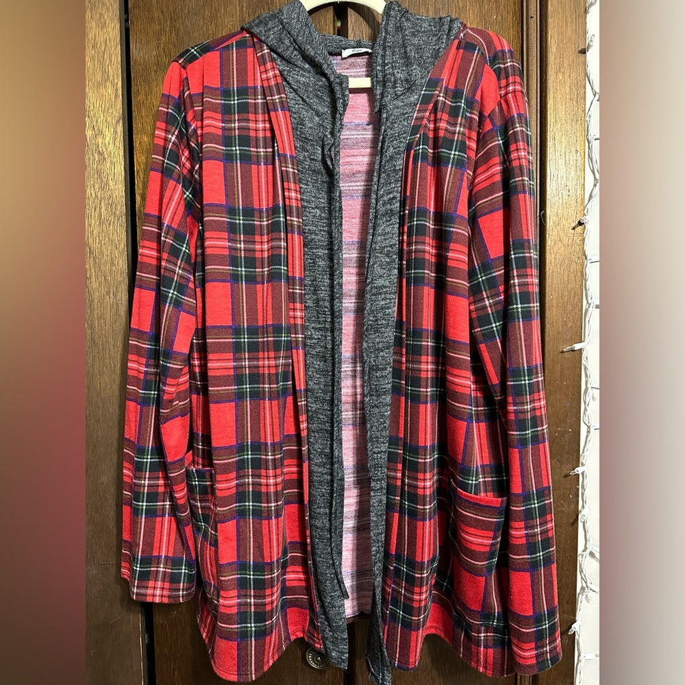 Red plaid open cardigan with hood, size 3x